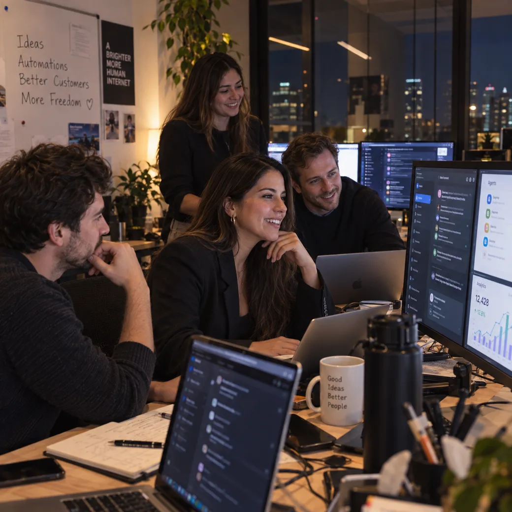 Equipo trabajando con agentes de IA